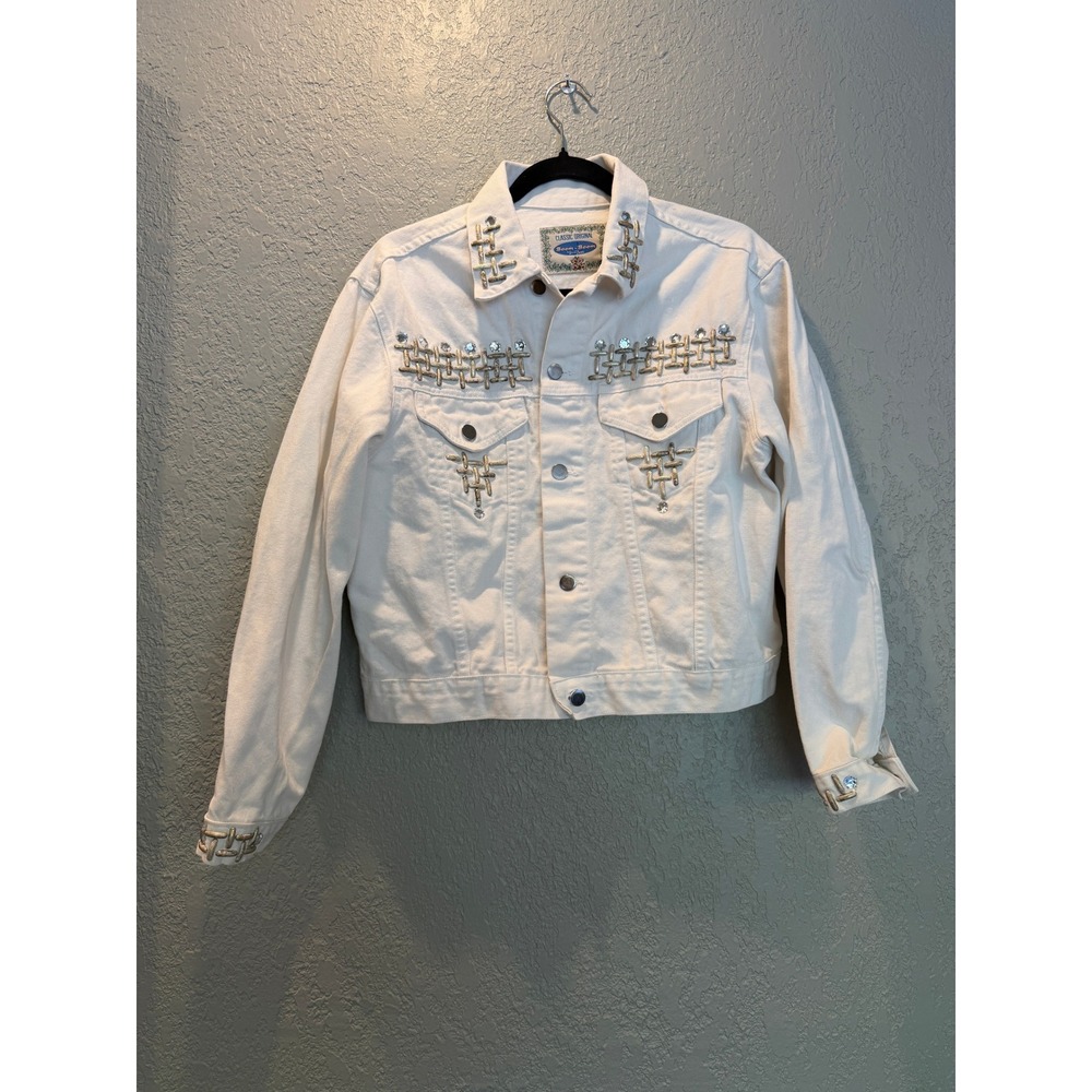Boom-Boom Simon Chang White Denim Jacket Embellished Rhinestone Studded Womens‎